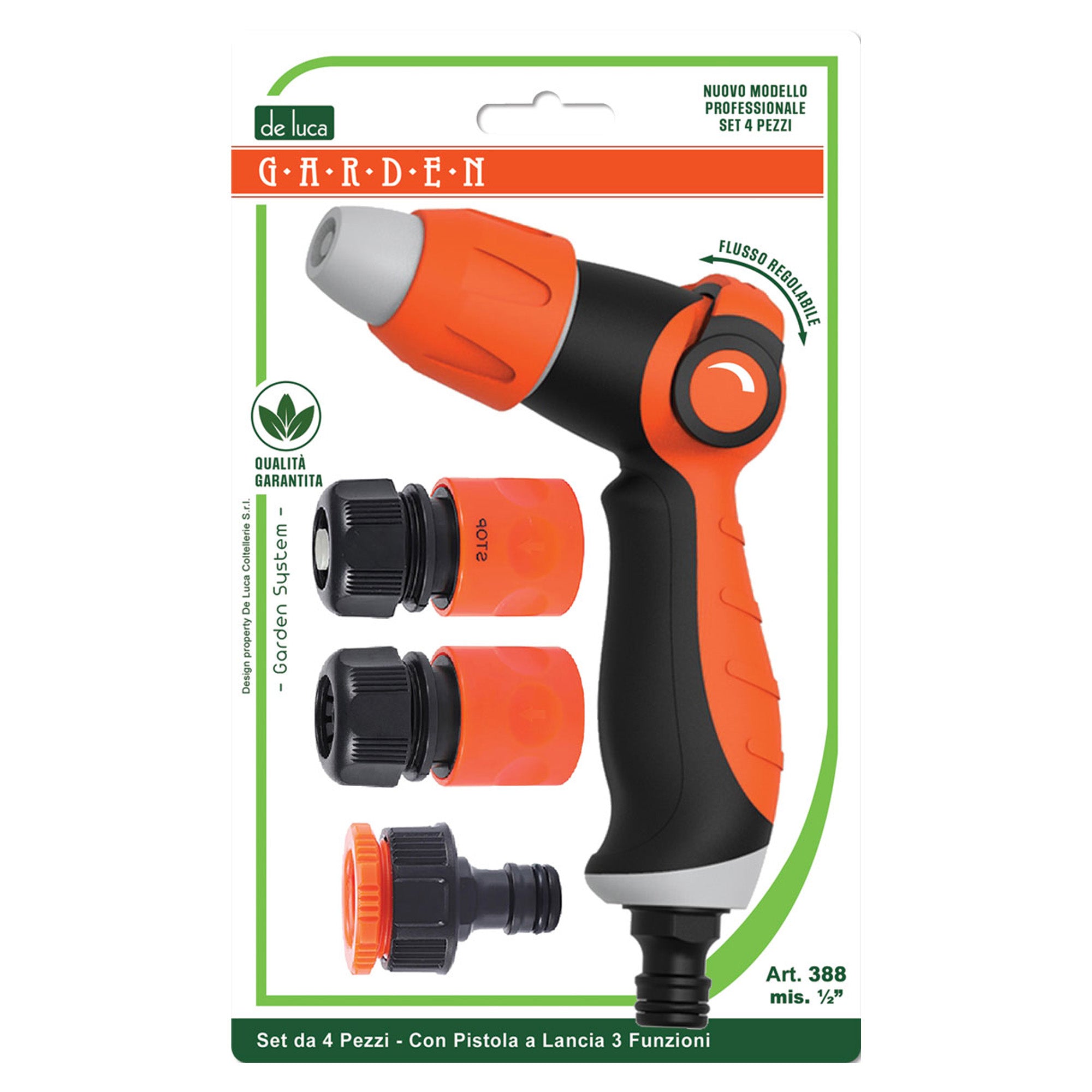 Set Irrigazione De Luca: Pistola a Lancia 3 Funzioni con 3 Raccordi – Attacco 1/2", Impugnatura Ergonomica, Set 4 Pezzi De Luca Coltellerie