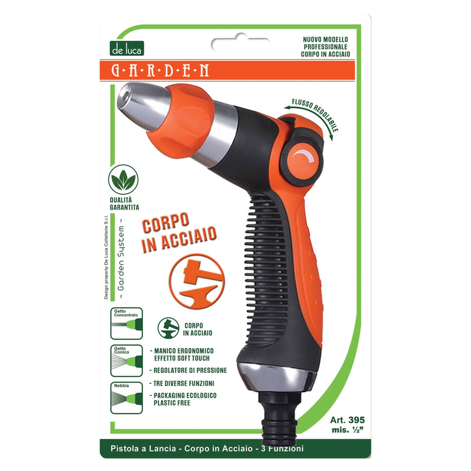 Pistola a Lancia per Innaffio De Luca 3 Funzioni – Corpo in Acciaio, Manico Soft Touch, Regolatore di Pressione (Attacco 1/2", Packaging Plastic Free) De Luca Coltellerie