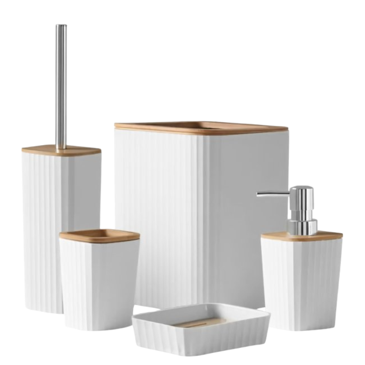 Set Accessori Bagno 5 Pezzi Moderno in Plastica e Bamboo - Bianco Rigato Feridras