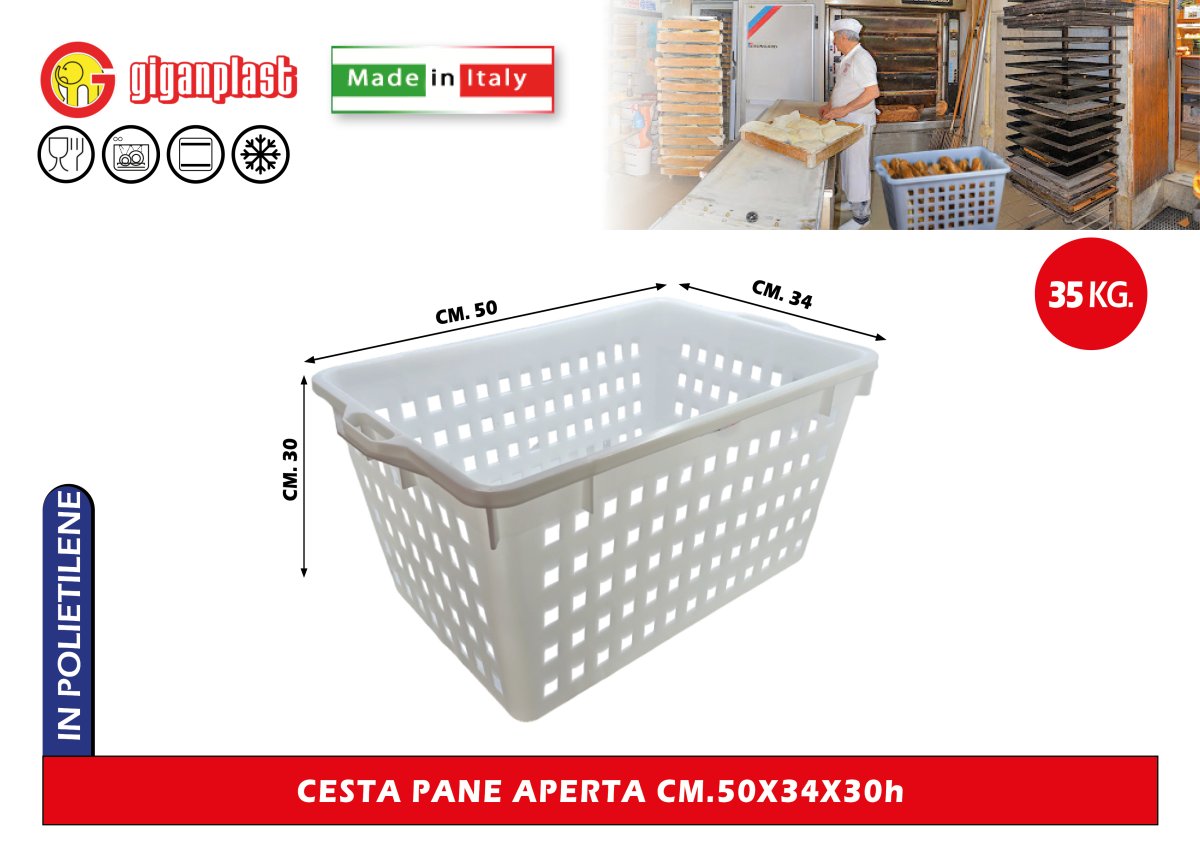 Giganplast Cesta Pane Aperta/Chiusa in Polietilene, Made in Italy, Idonea Alimenti, Lavastoviglie, Forno, Freezer Aperto 50 x 34 x 30h cm Giganplast