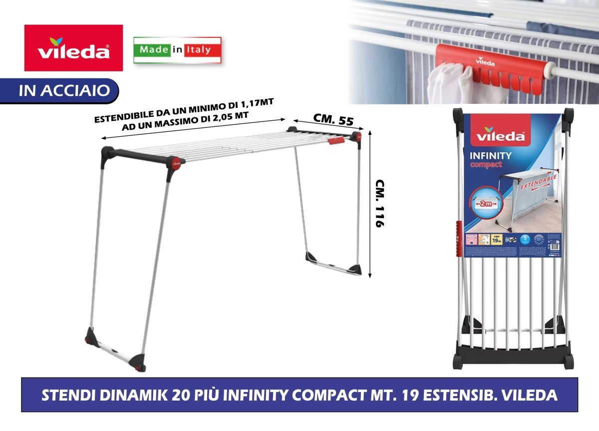 Vileda Infinity Compact – Stendibiancheria Estensibile con Griglia Telescopica fino a 2 m, Fino a 20 m di Stenditura Vileda