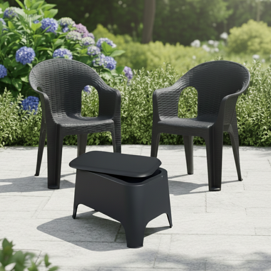 Set Salottino Esterno "Giorgia": Poltrone Effetto Rattan + Tavolino Contenitore Salvaspazio Set Balcone – 2 Poltrone + Tavolino Box Casalinghi Sicignano