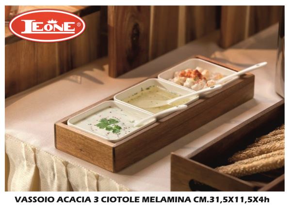 Leone Vassoio Acacia 3 Ciotole Melamina Cm.31,5X11,5X4H Leone