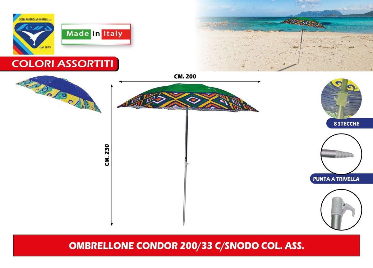 Ombrellone Artigianale Condor (Made in Italy) – Set Spiaggia Zero Sabbia Solo Ombrellone Design Assortito Sessa Ombrellificio