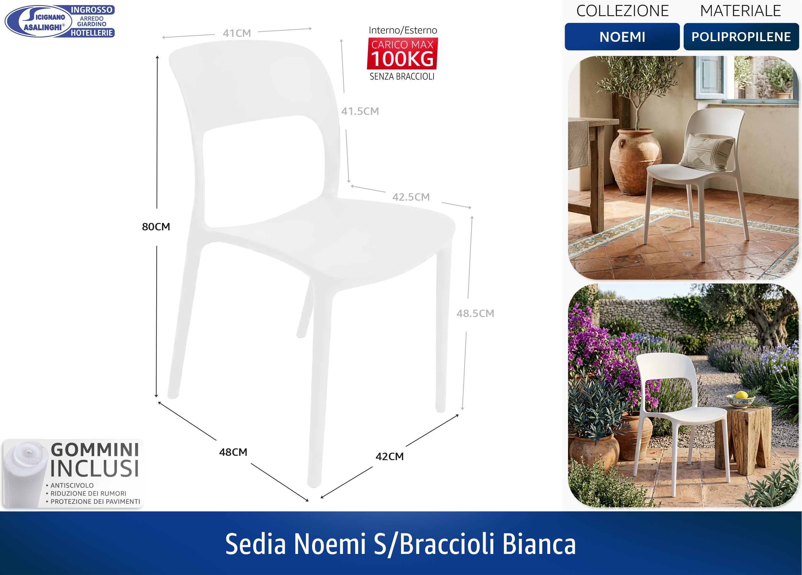 Sedia Noemi Senza Braccioli in Polipropilene – Impilabile, Anti‑UV, da Interno ed Esterno, Vari Colori | Casalinghi Sicignano Bianco Casalinghi Sicignano