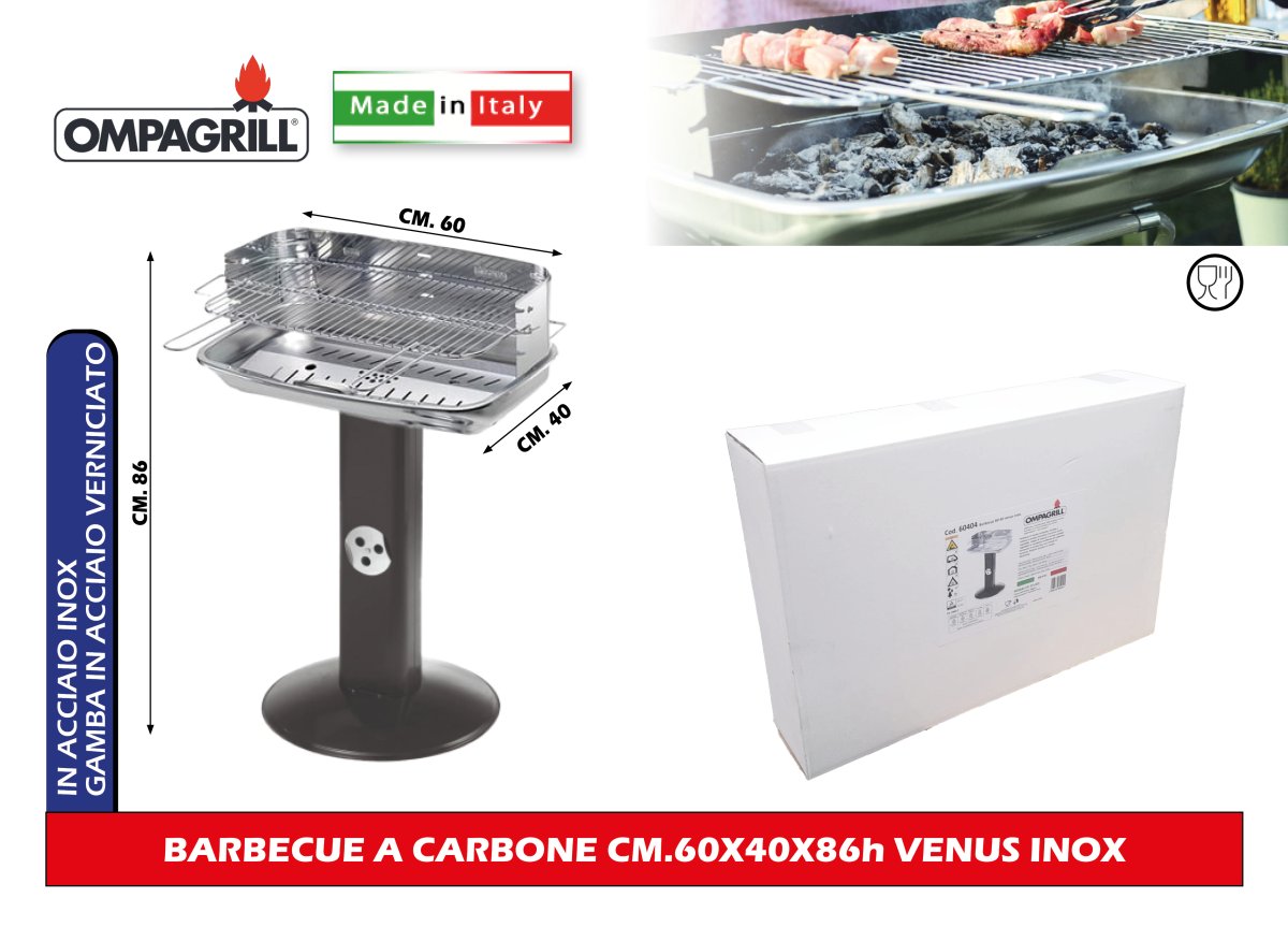 Barbecue a Carbone Venus Inox 60x40 - Griglia Classica per Esterno OmpaGrill