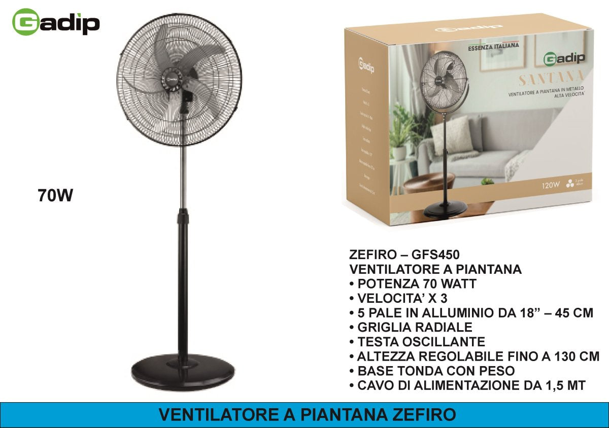 ZEFIRO GFS450 – Ventilatore a Piantana 45 cm, 70W, 3 Velocità, Altezza Regolabile AGV