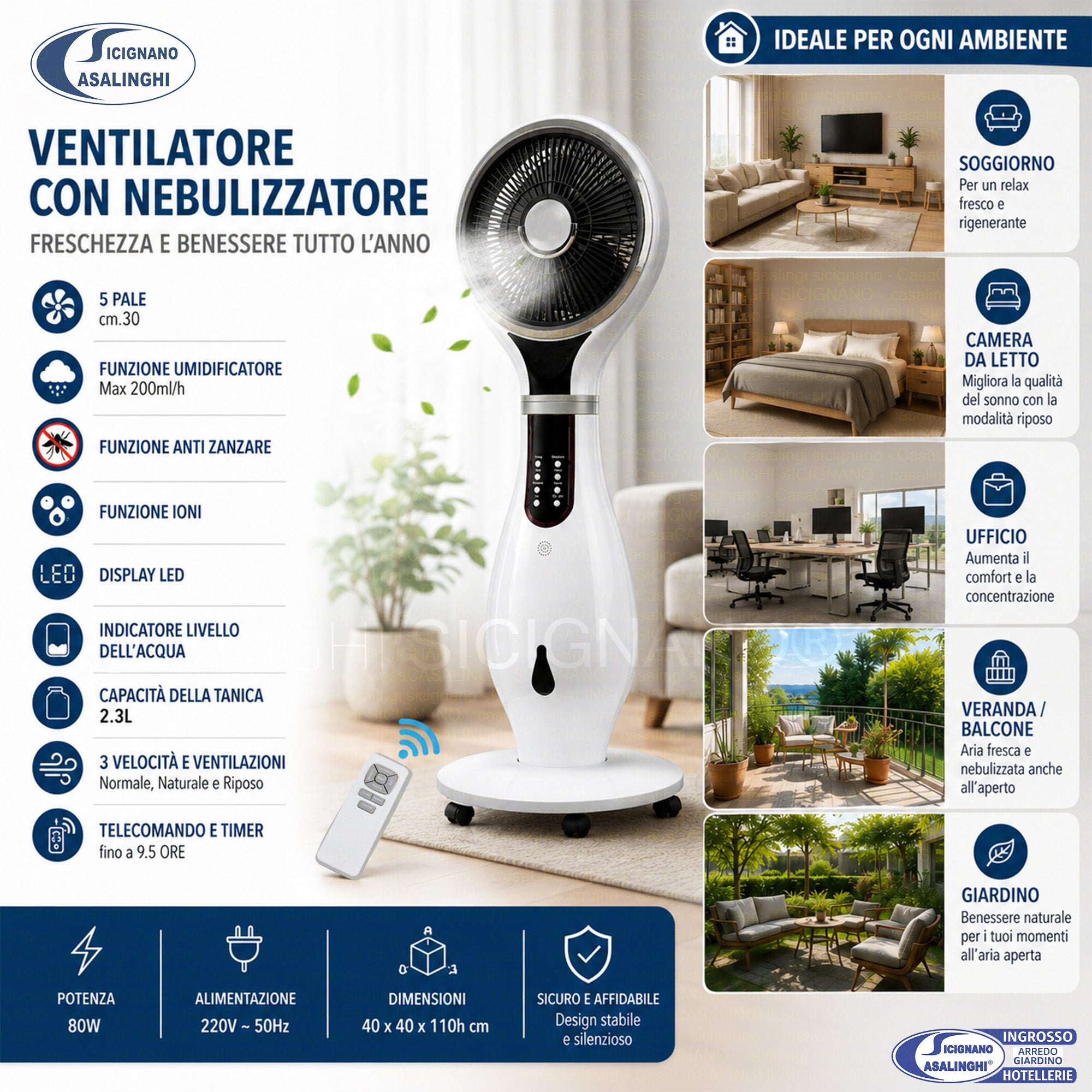 Ventilatore con Nebulizzatore 80W, 5 Pale 30 cm, 3 Velocità, Telecomando, Timer 9.5 Ore, Tanica 2.3 L DCG