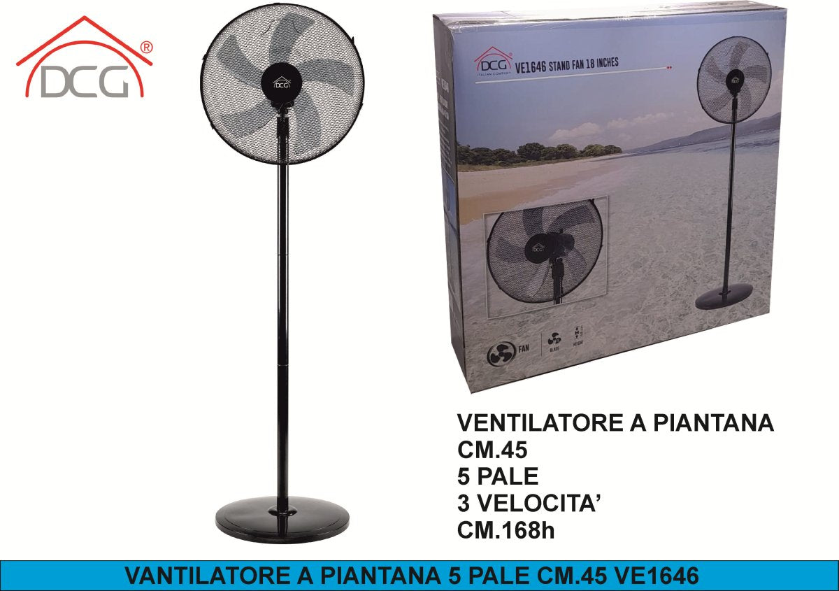 Ventilatore a Piantana VE1646 – 5 Pale Ø 45 cm, 3 Velocità, Oscillante, Altezza Regolabile fino a 168 cm DCG