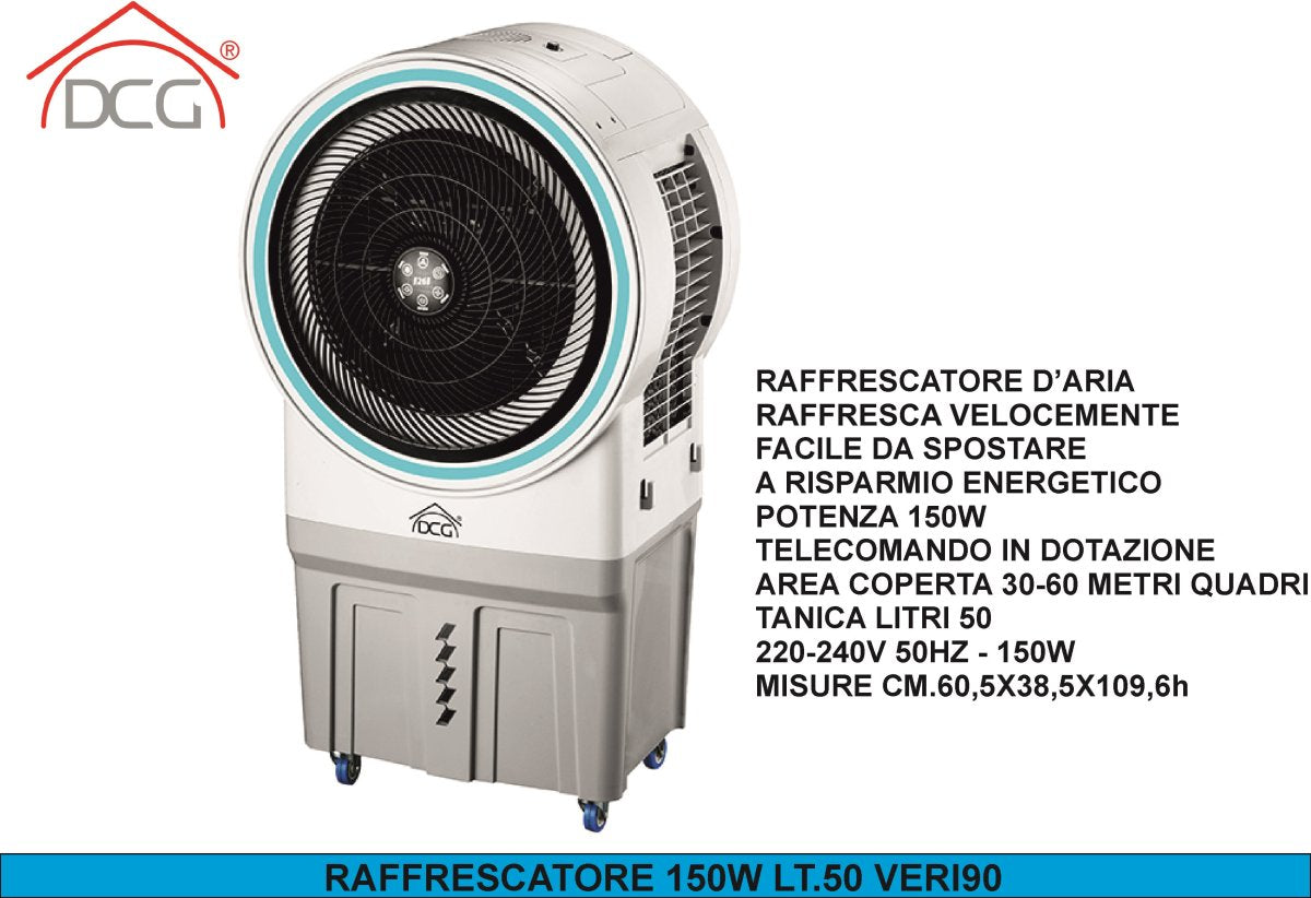 Ventilatore Raffrescatore VERI90 – Tanica 50 L, 150W, per Ambienti fino a 60 m², Portatile con Ruote, Telecomando e Comandi Touch DCG