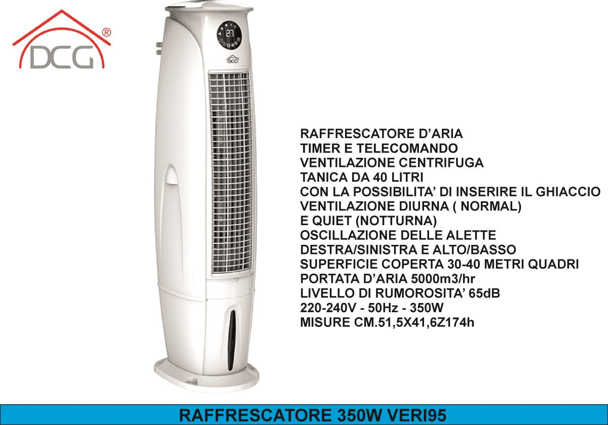 Ventilatore Raffrescatore VERI95 – Tanica 40 L con Vano Ghiaccio, 5000 m³/h, Modalità Giorno/Notte, Telecomando e Comandi Touch DCG