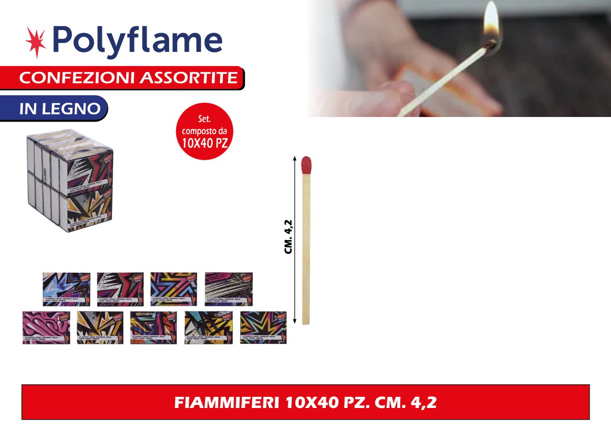 Polyflame Fiammiferi in Legno 40pz 4,2cm Confezione Assortita Polyflame
