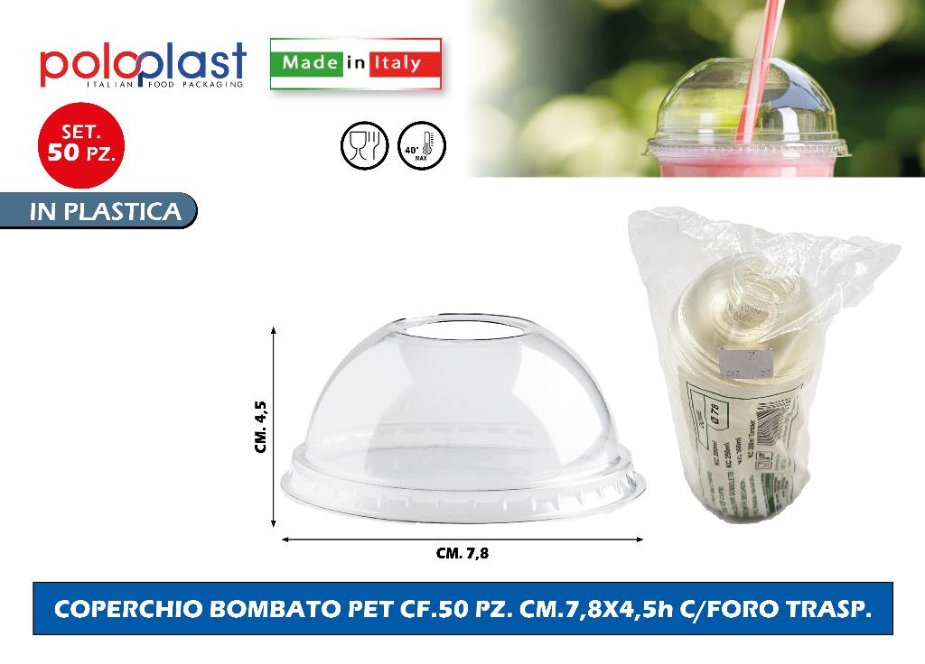 Poloplast Coperchio Bombato Pet Cf.50 Pz. Cm.7,8X4,5H Con Foro Trasp. Polo Plast srl