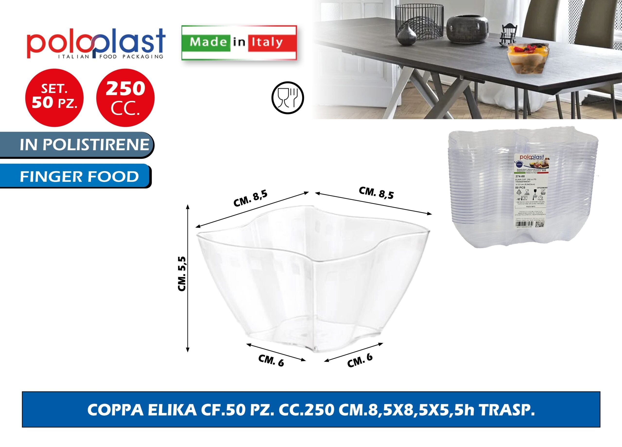 Poloplast Coppa Elika Cf.50 Pz. Cc.250 Cm.8,5X8,5X5,5H Trasp. Polo Plast srl