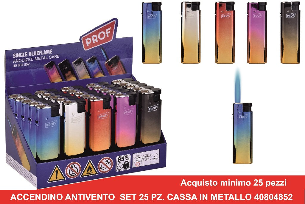 Accendino Antivento Conf. 25 Pz. Con Cassa In Metallo Anodizzato Professionale Polyflame