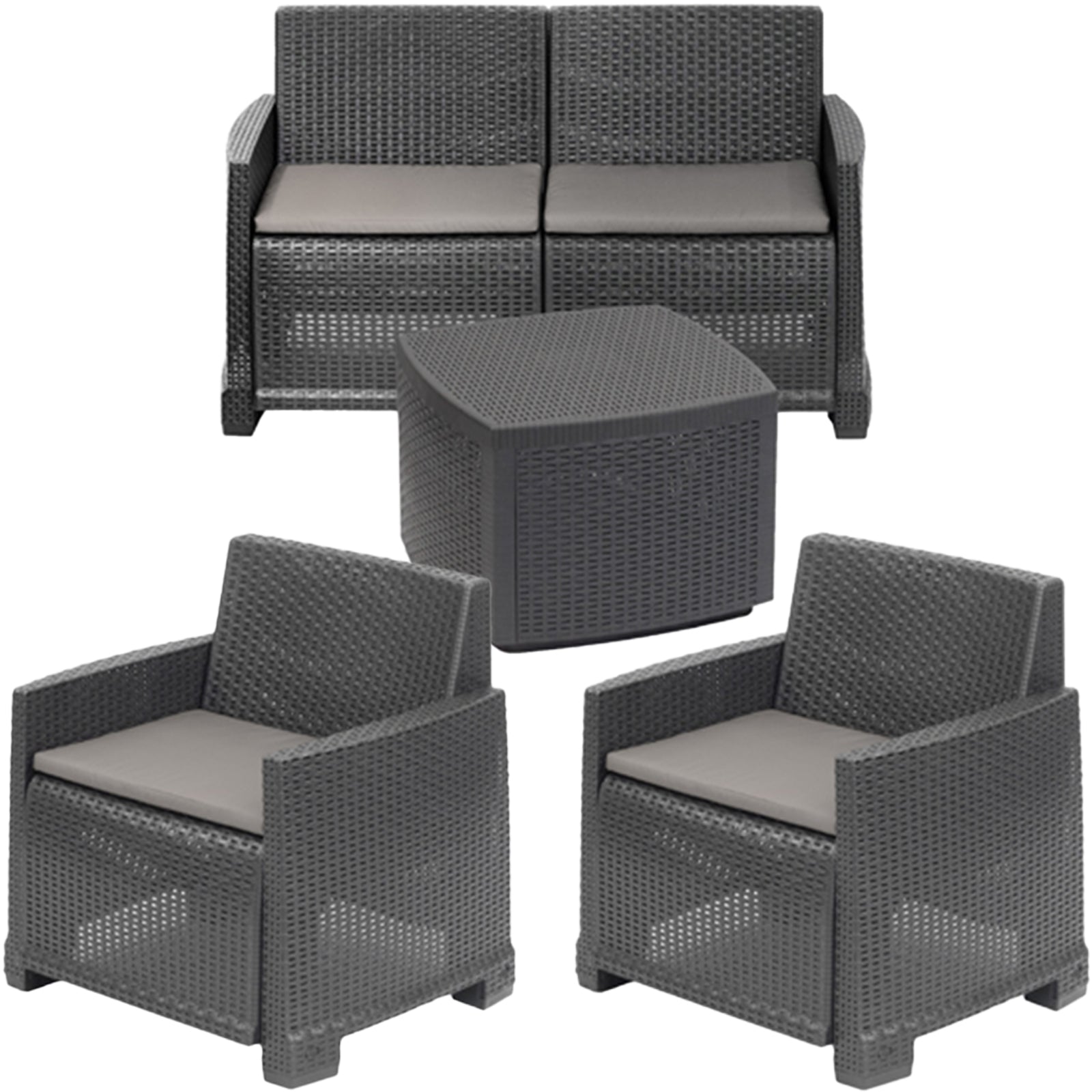Progarden Salotto Da Giardino Completo Como Set Divano + Tavolino + 2 Poltrone Da Esterni Con Finitura Effetto Rattan Antracite Progarden