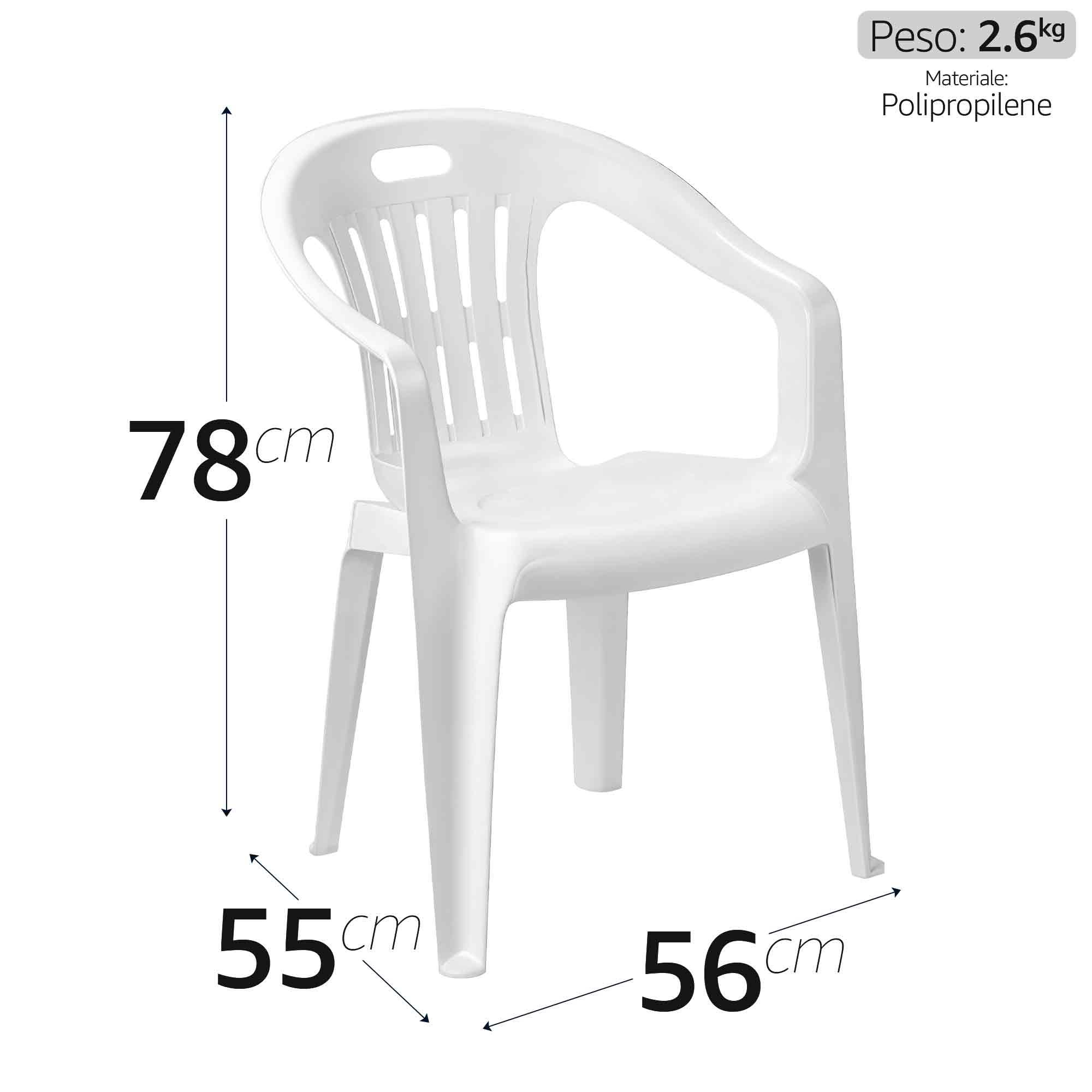 Progarden Poltrona Piona da Esterno in Plastica 56×55×78 cm – Impilabile con Braccioli, Colori Verde o Bianco, Made in Italy Bianca Progarden