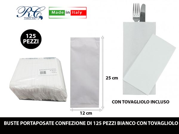 Buste Portaposate Conf. 125 Pz. Bianca Con Tovagliolo R.C. Table Top
