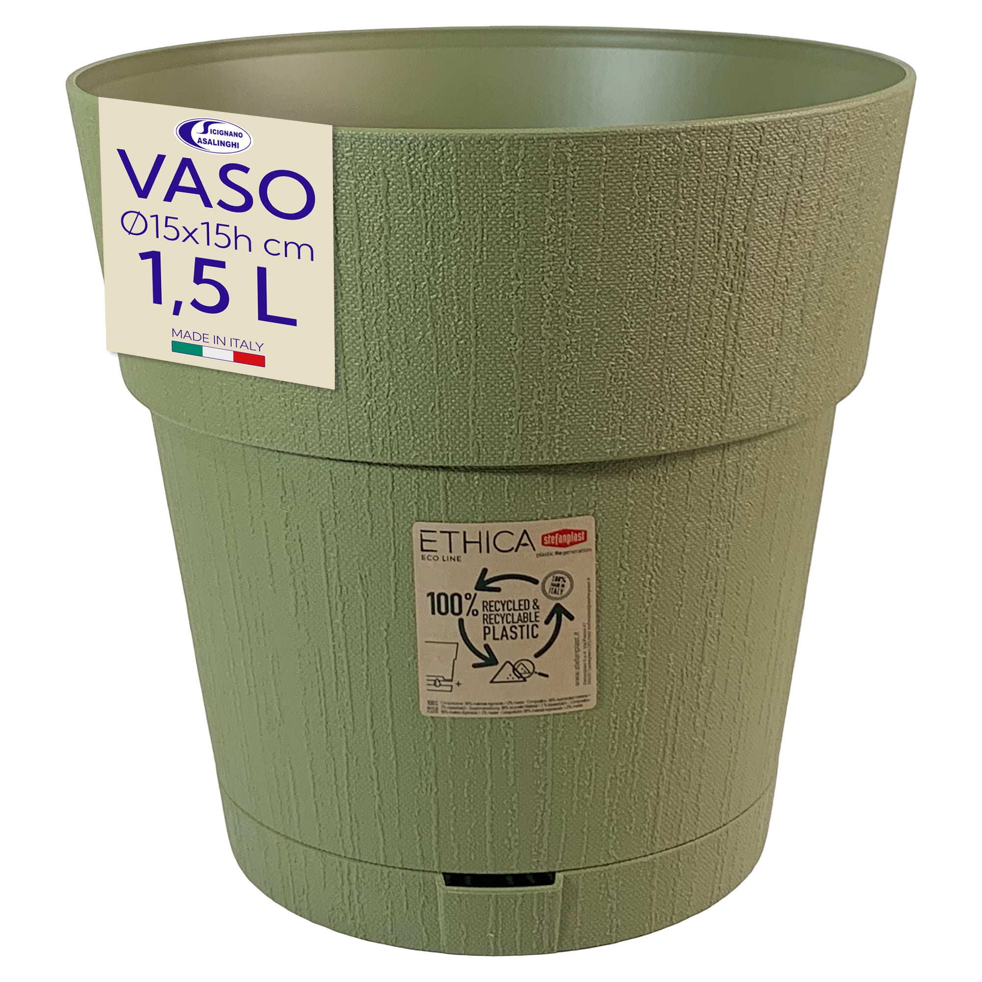 Stefanplast Vaso da Giardino Ethica Plastica Riciclata con Riserva D’acqua e Terriccio Solo Vaso Verde Oliva Ø 15 x 15h cm Stefanplast