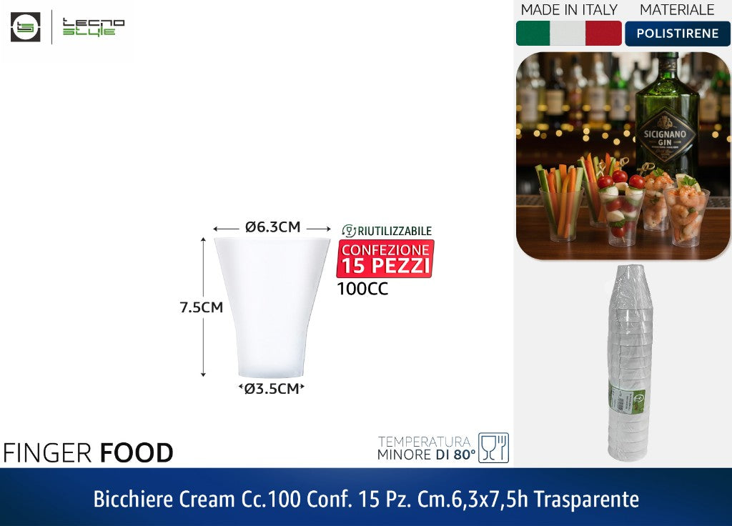 BICCHIERE CREAM CC.100 CONF. 15 PZ. CM.6,3X7,5h TRASPARENTE Tecnostyle