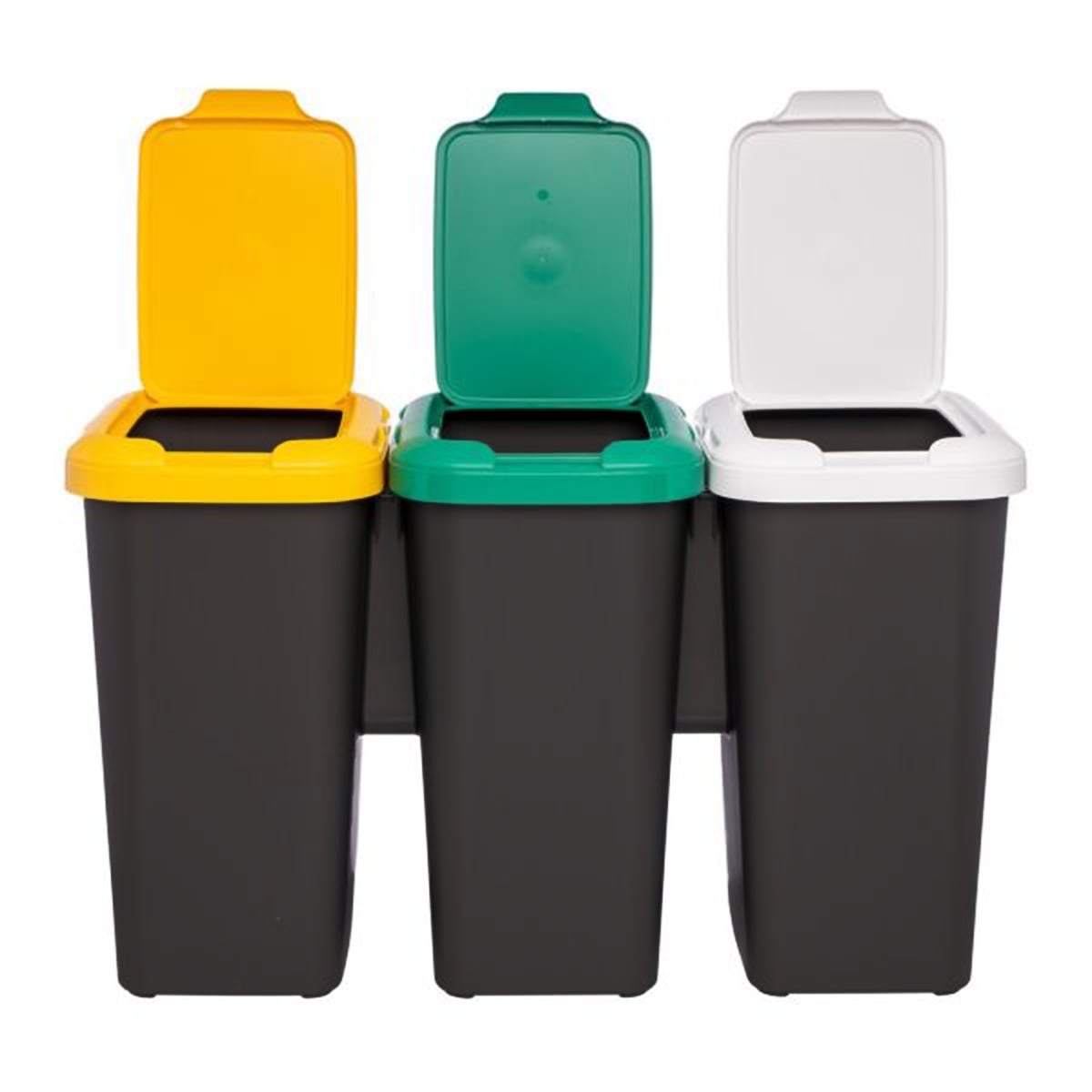 Tontarelli Pattumiera Differenziata Trio 3 x 25 L – Base Nera, Coperchi Colorati Ambra/Bianco/Verde, Modulo Orizzontale Salvaspazio per Raccolta Domestica Tontarelli