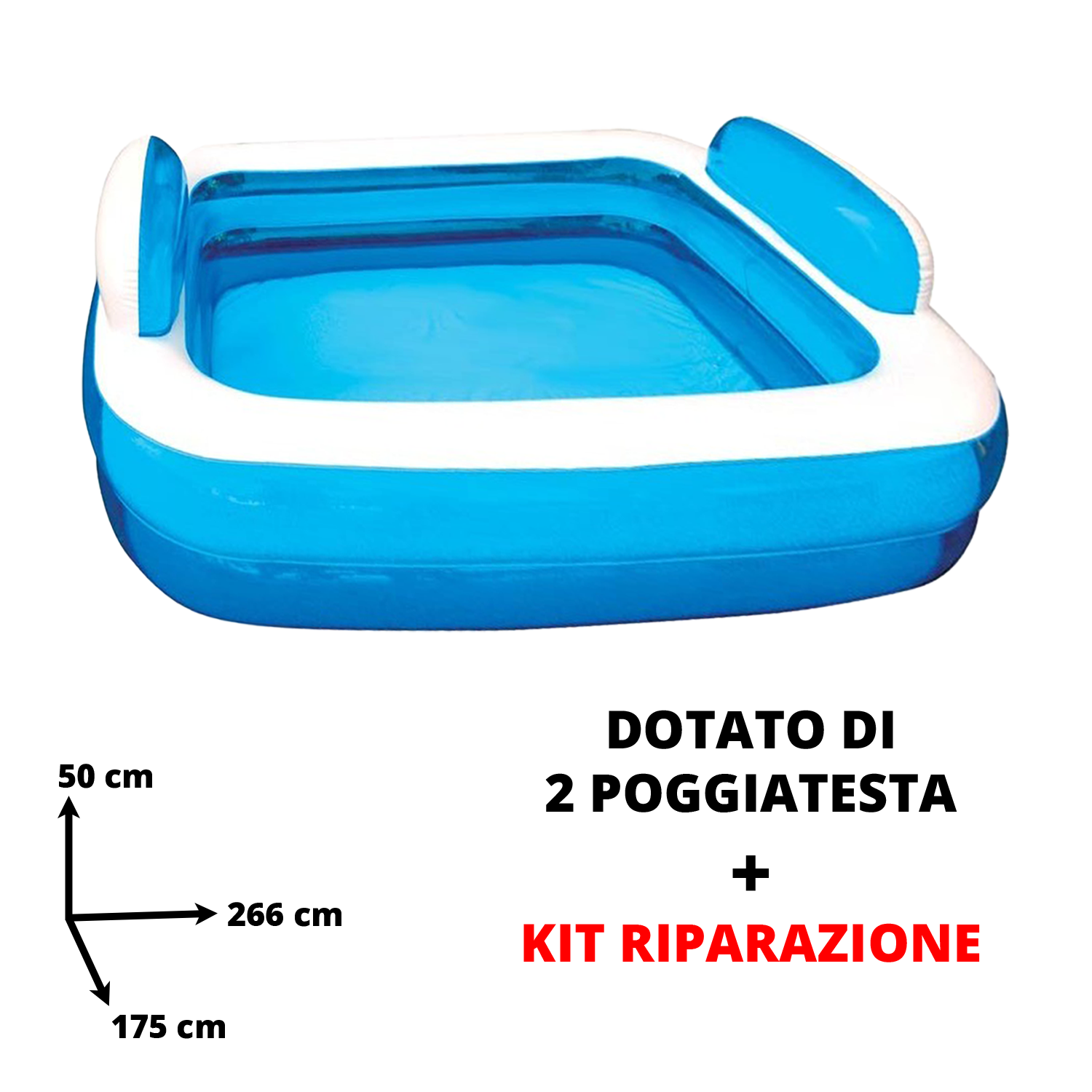 BTX Piscina Gonfiabile Per Bambini Grande Rettangolare Per Giardino Terrazza Cortile 266 × 175 × 50h cm BTX
