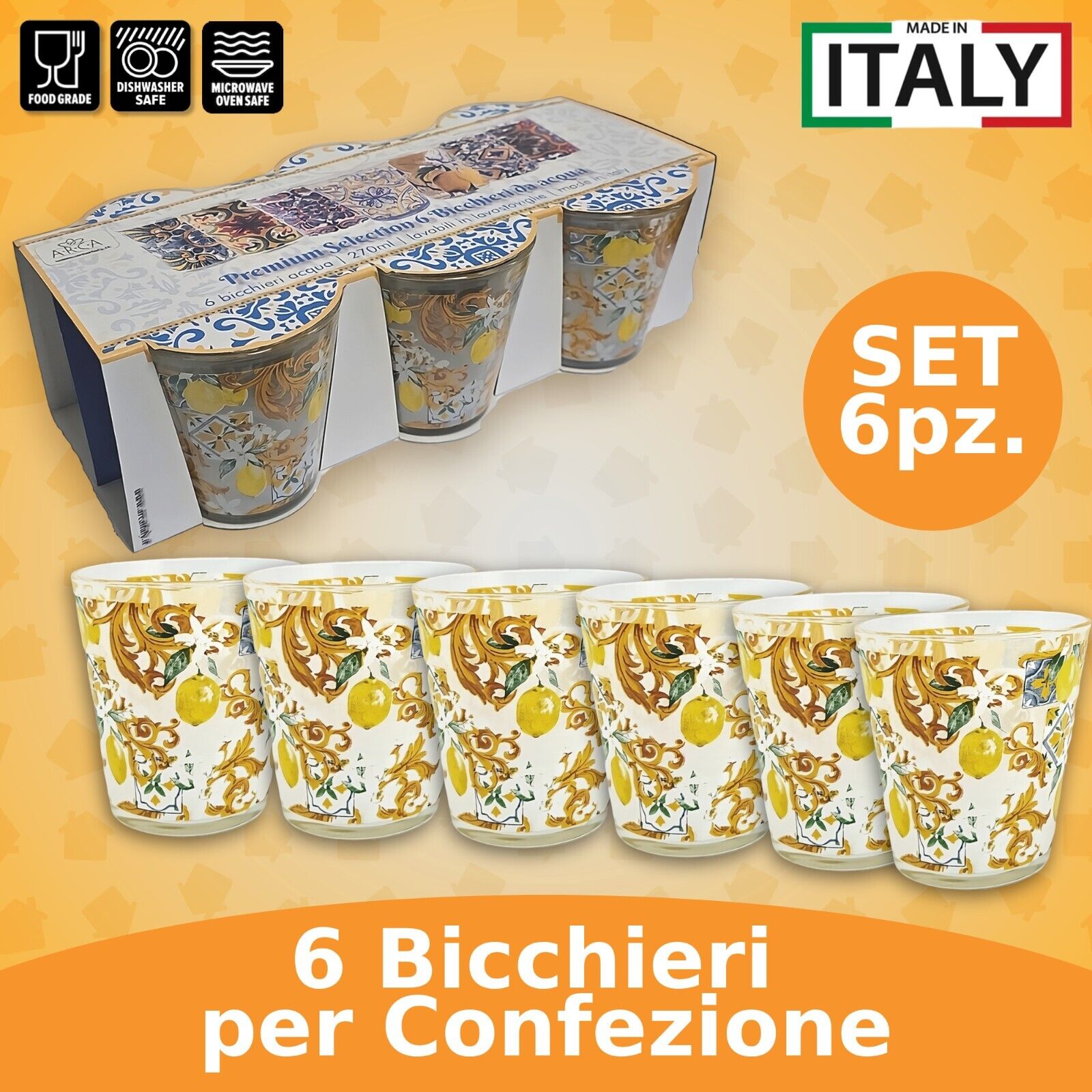 Arca Set Bicchieri Acqua Design Limone (270Ml): La Freschezza Agrumata Sulla Tua Tavola Confezione singola (6pz.) Arca