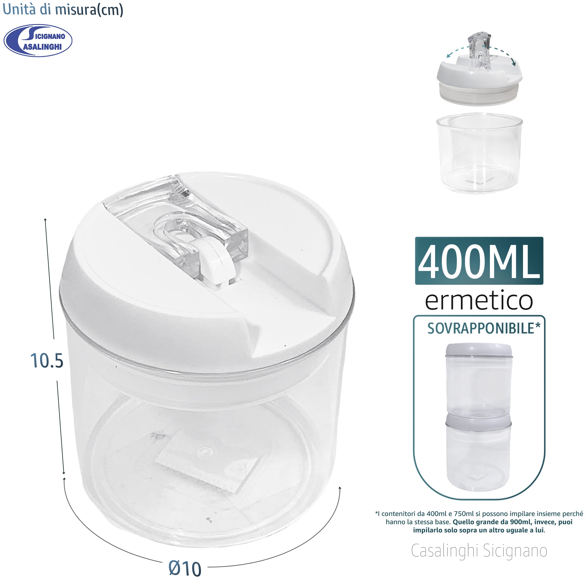Arca Barattoli Ermetici "Salva Gusto" – Contenitori Sovrapponibili per Dispensa (Varie Misure) Piccolo (400 ml = 0.4 L) Arca