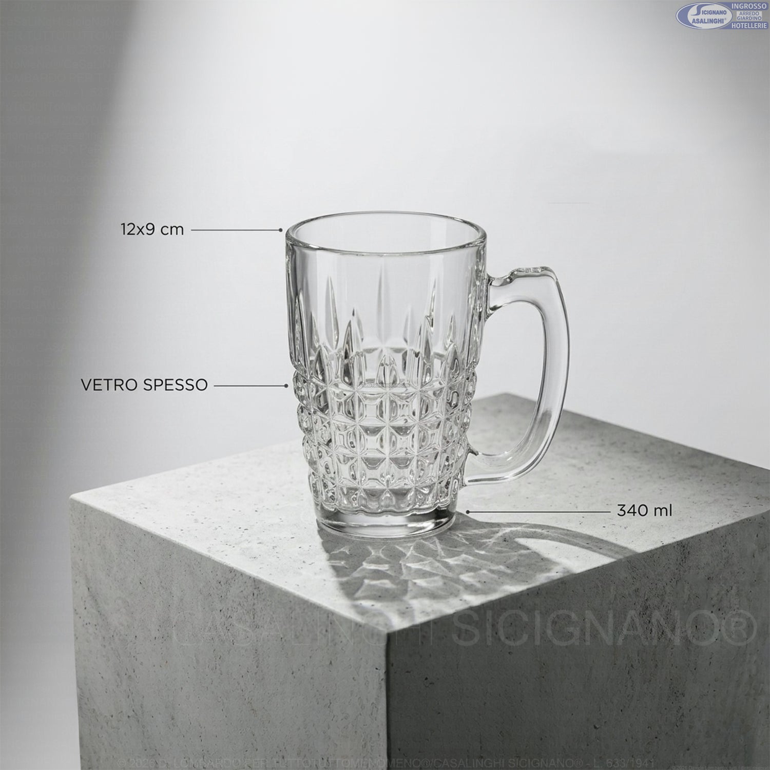 Set 6 Boccali da Birra in Vetro Intagliato 340ml Vivalto – Calici con Manico per Birra, Acqua e Cocktail (12x9 cm) | Offerta Casa Arte Regal
