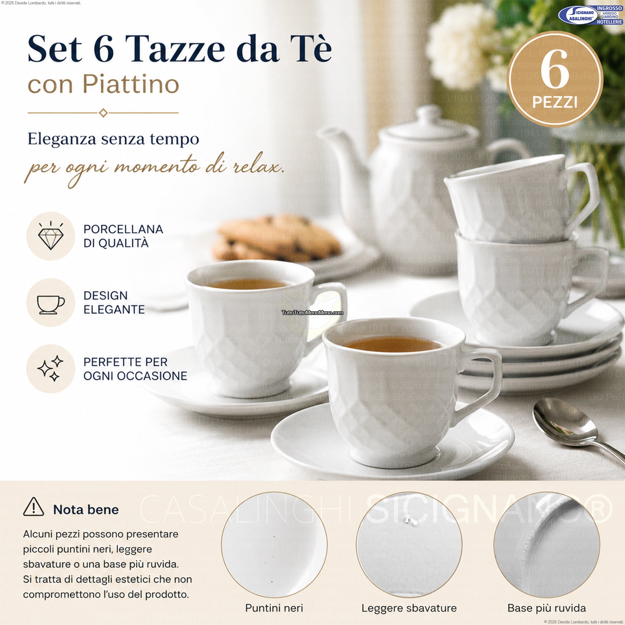 Set 6 Tazze da Tè con Piattino in Porcellana Bianca – 12 Pezzi, Design Testurizzato, Lavabili in Lavastoviglie Star