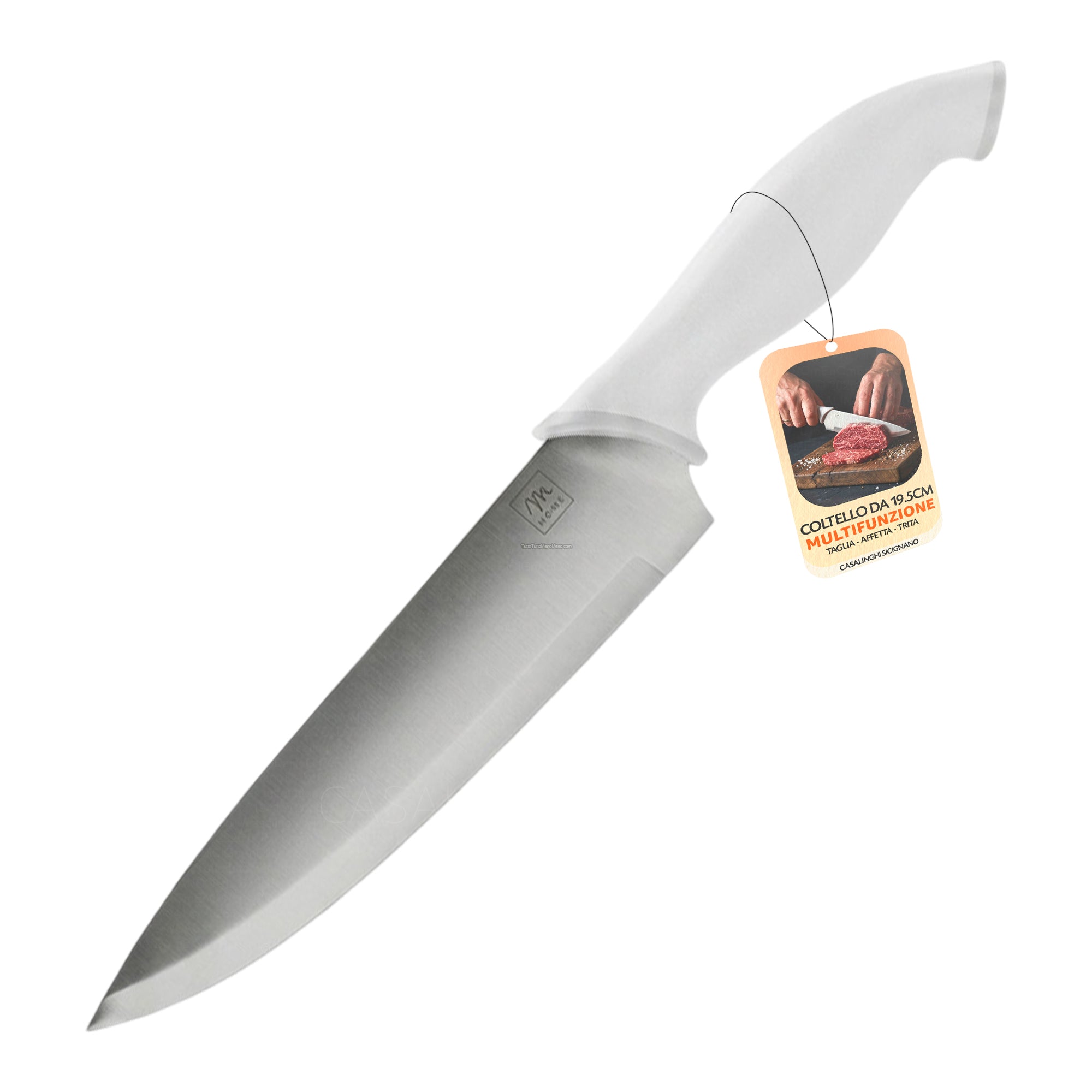Coltello Chef Multifunzione 19,5 cm – Lama Acciaio Inox 1,8 mm, Manico Ergonomico Bianco | Taglia, Affetta, Trita Solo Coltello Chef Mercury srl