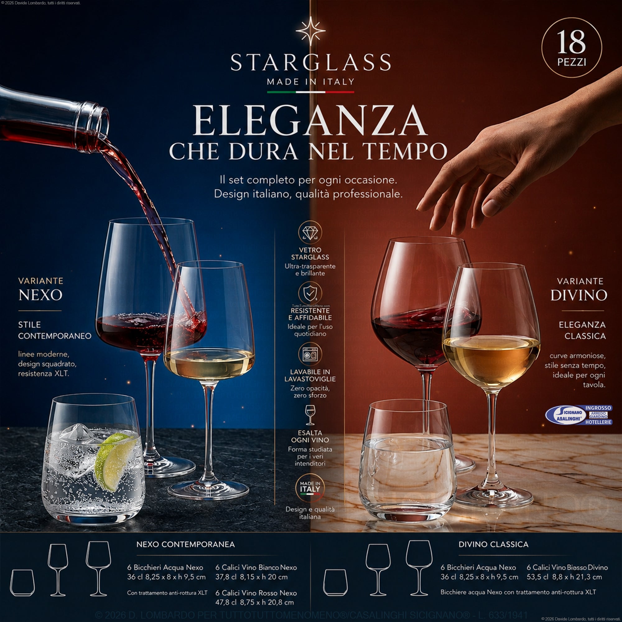 Bormioli Set Bicchieri e Calici Vino StarGlass 18 Pezzi – Variante Nexo Contemporanea o Divino Classica, Made in Italy Bormioli Luigi