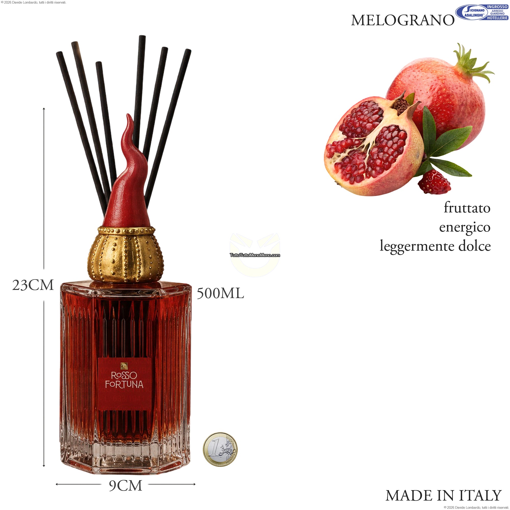 Diffusore Ambienti Premium Rosso Fortuna 500 ml con Corno Napoletano – Made in Italy, Vetro Costolato, Profumatore Casa Elegante a Bastoncini Melograno Mercury srl