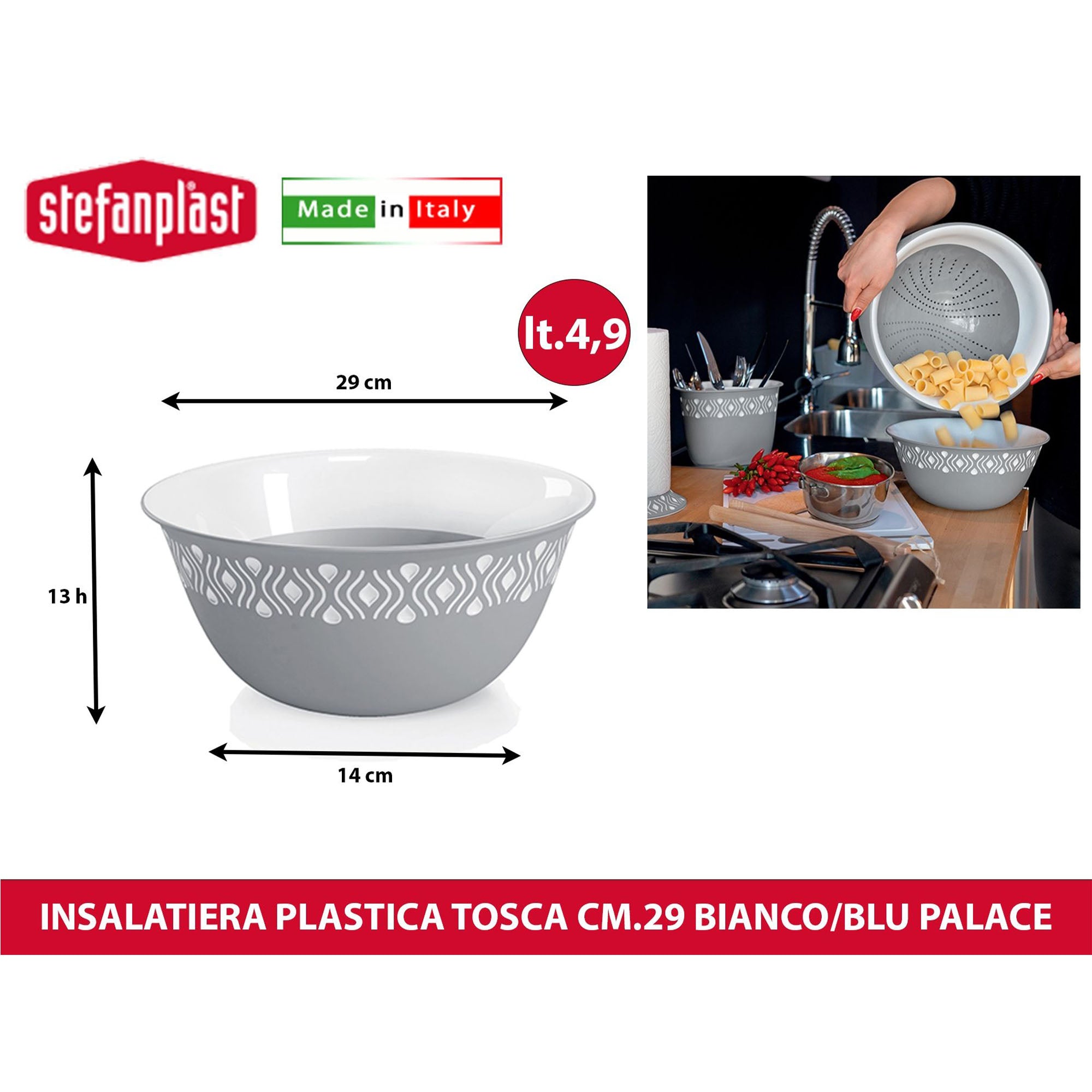 Stefanplast Ciotola Insalatiera Tosca Multiuso Leggera Food Grade Made in Italy | Diverse Misure e Colori Stone Grey Bianco 29 cm Stefanplast