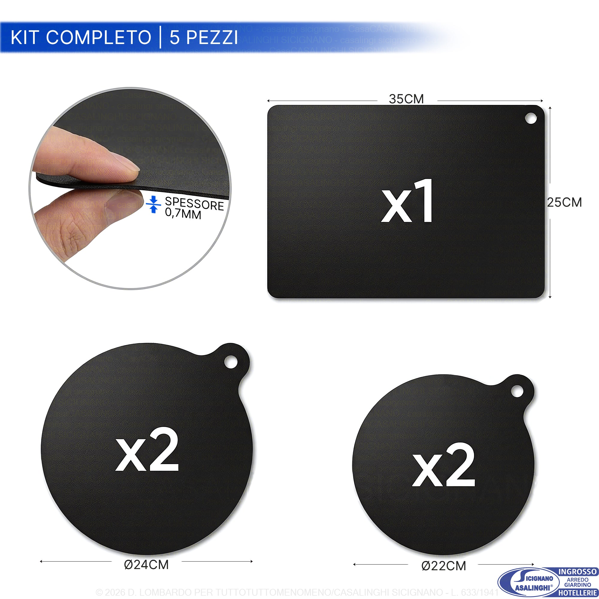 Tappetini Protettivi per Piano a Induzione in Fibra di Vetro 0,7 mm – Antigraffio, Antiscivolo, No‑Stick, Lavabili, fino a 250°C (Kit 5 pz, Rettangolare 35x25, Tondi Ø24 e Ø22) Kit completo | 5 pezzi Arca