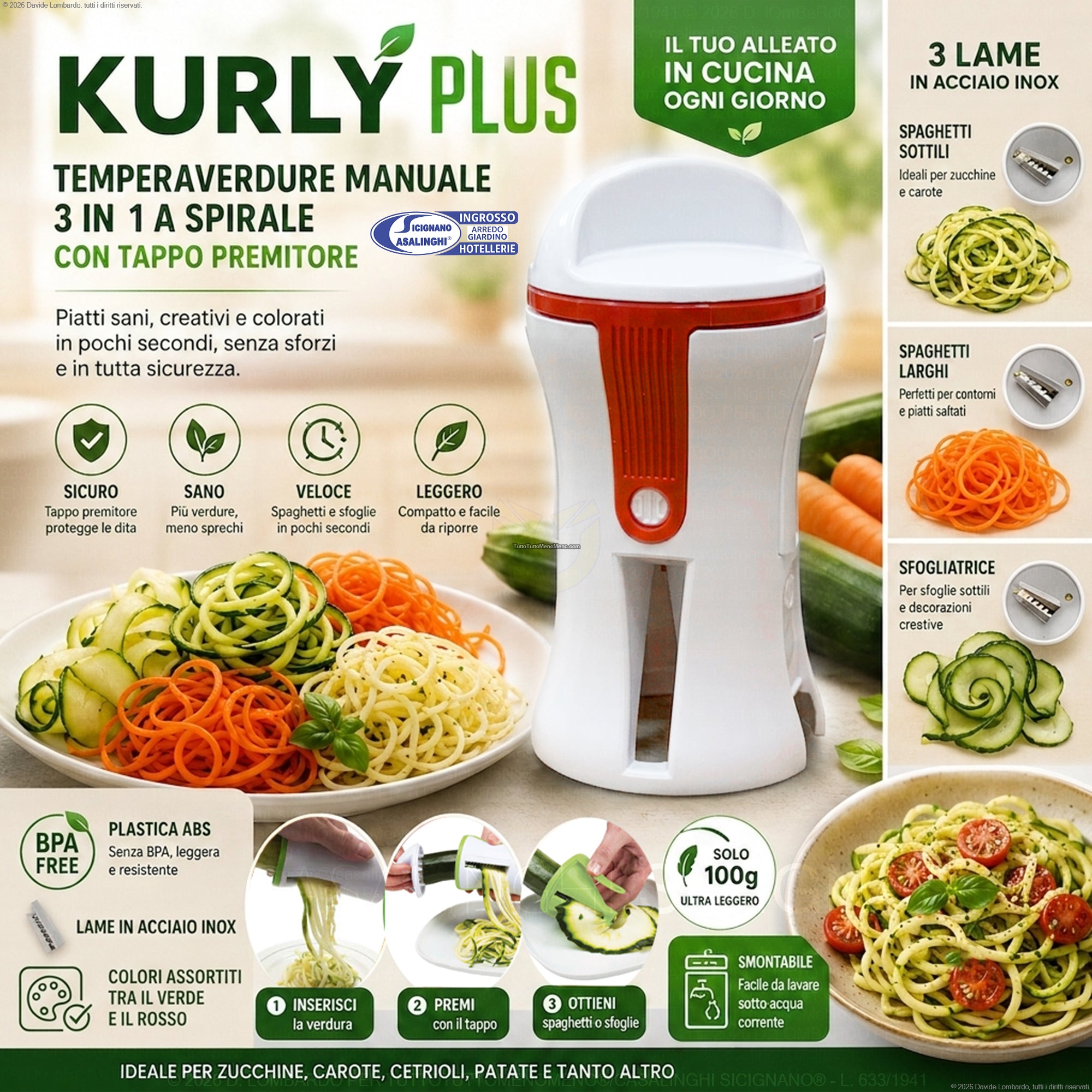 Kurly Plus Spiralizzatore Manuale 3 in 1 per Spaghetti di Verdure – Taglia Verdure Compatto con 3 Lame in Acciaio Inox e Tappo di Sicurezza Lit Gas