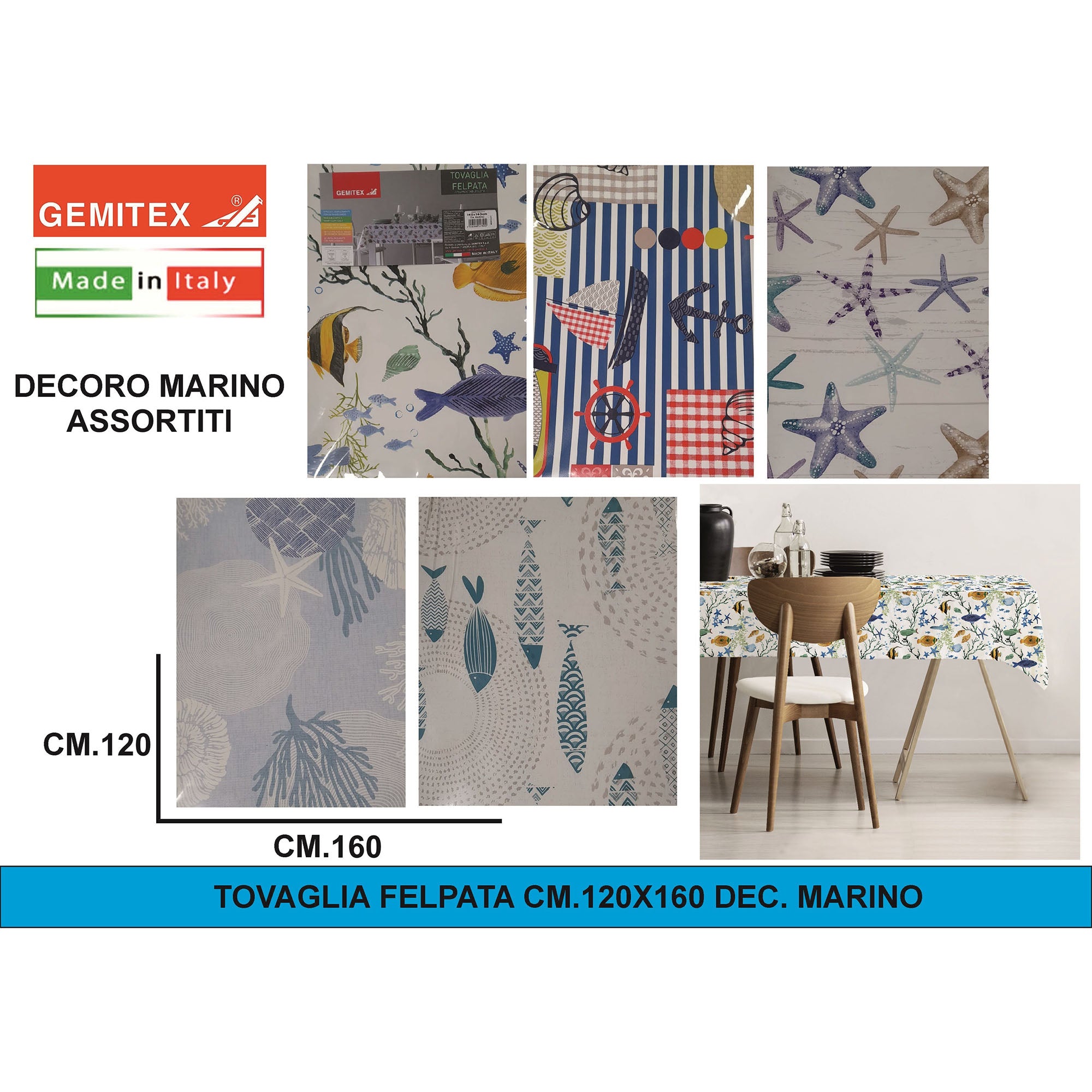 Gemitex Tovaglia Felpata, Decoro Marino Colori Assortiti, Made in Italy | Misure 120x160cm, 120x190cm, 120x220cm, 140x140cm, 120x250cm 120x160 cm Gemitex