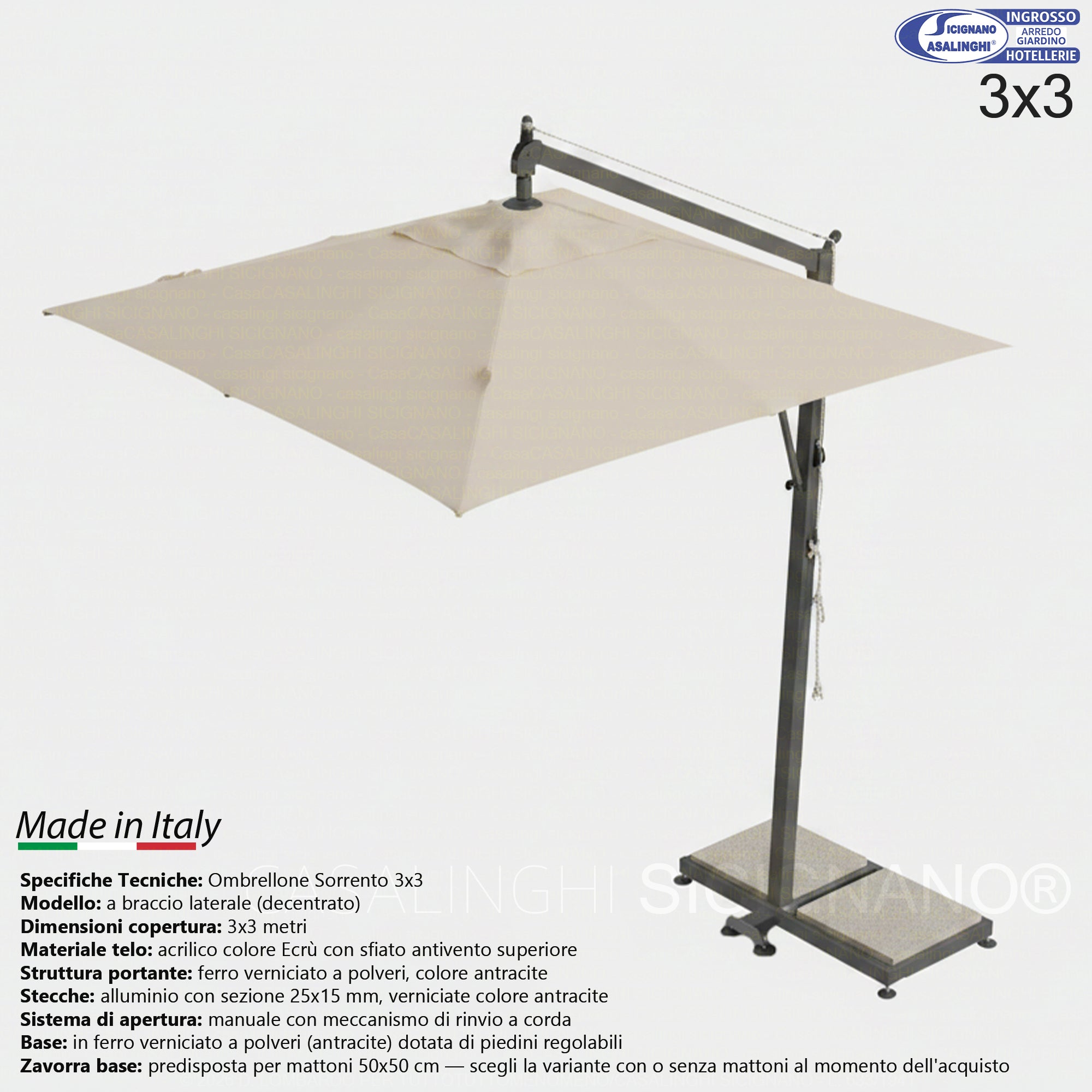 Ombrellone Sorrento a Braccio Laterale 3x3 / 3x4 m | Made in Italy | Struttura in Ferro Zincato e Telo Acrilico Ecrù Antivento Ombrellone 3x3 (senza mattonelle) Sessa Ombrellificio