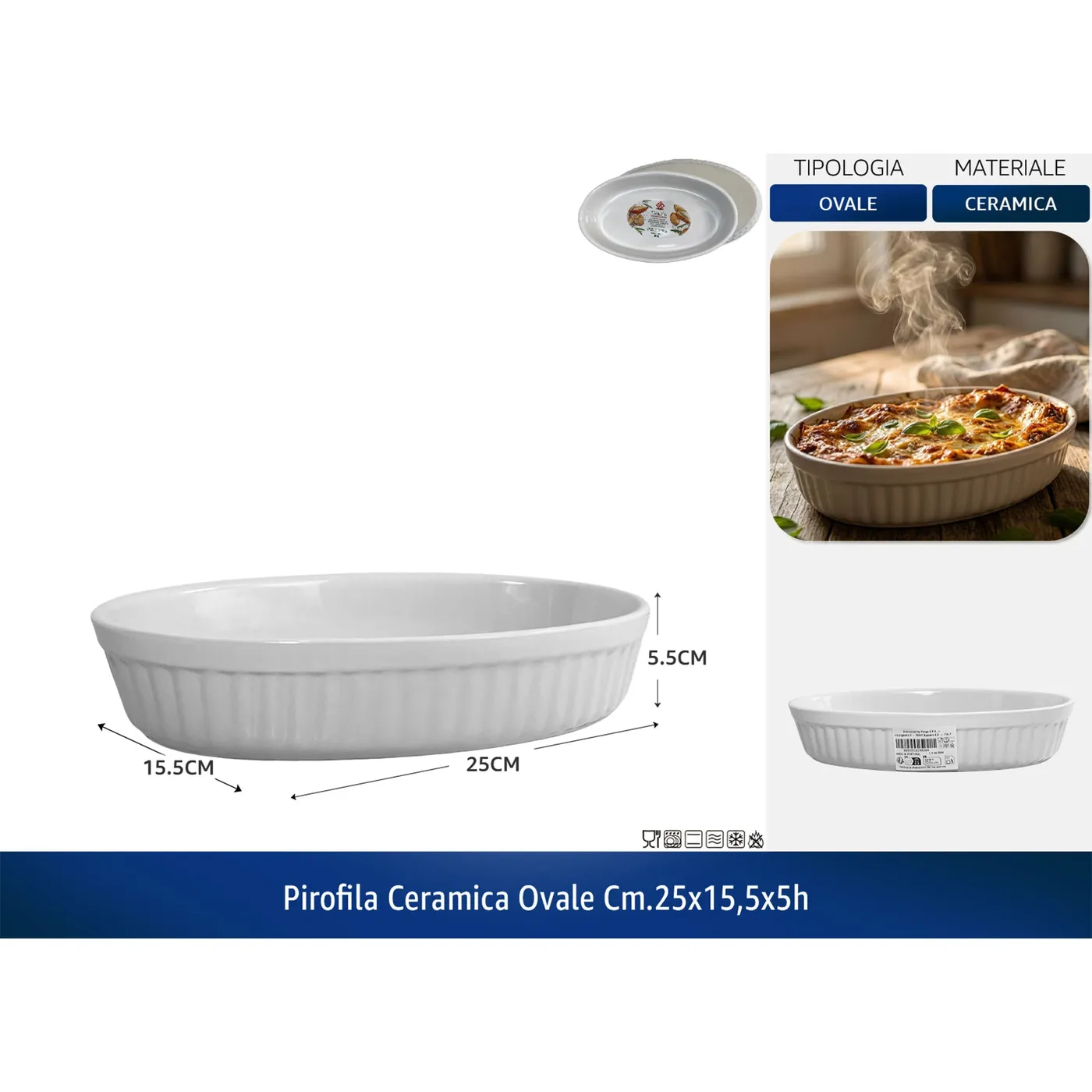 Pirofila Ceramica Ovale, 25 x 15.5 x 5h cm, Bianco, Idonea alla Lavastoviglie, Forno, Microonde, Freezer Pengo