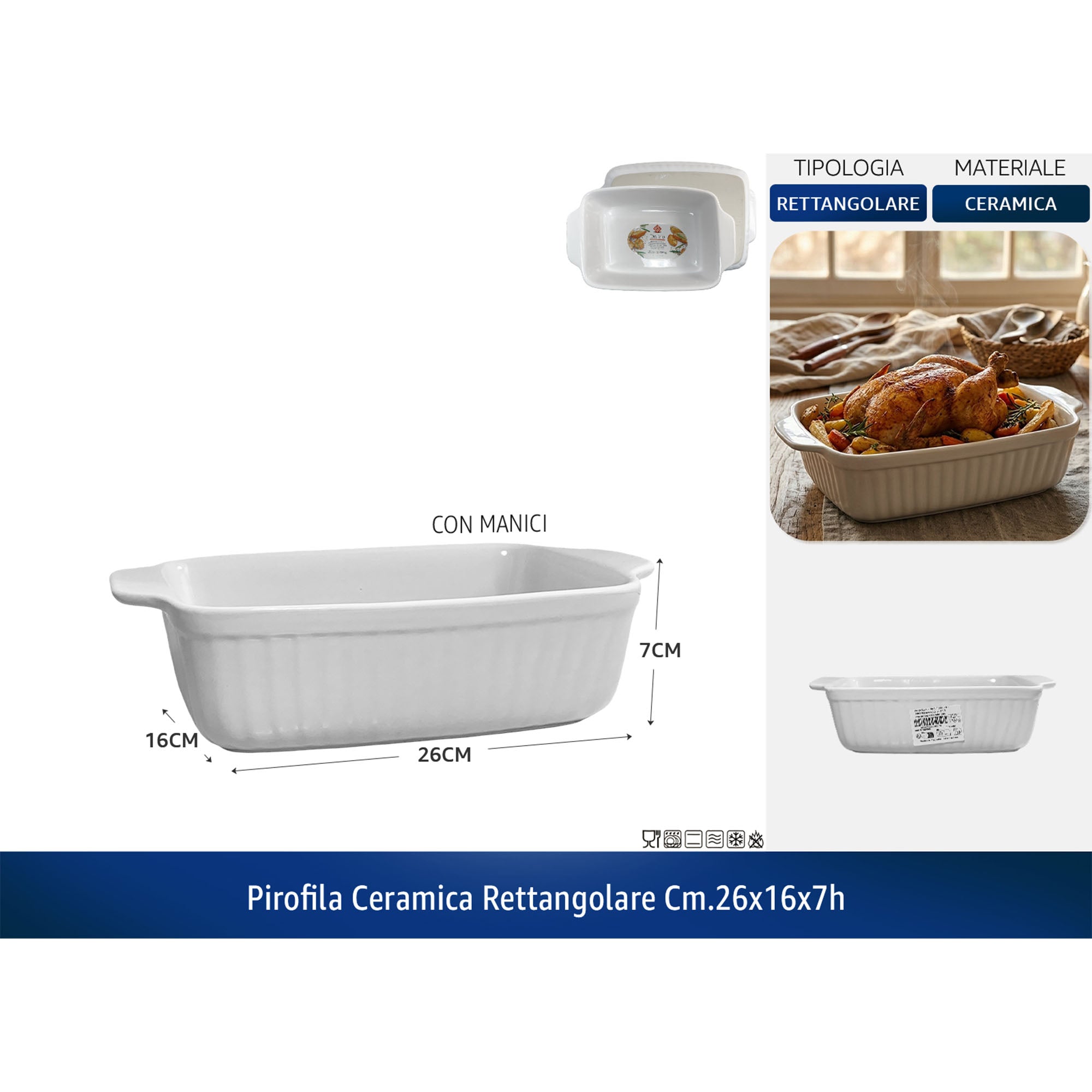 Pirofila Rettangolare in Ceramica, Idonea alla Lavastoviglie, Forno, Microonde, Freezer | Diverse Misure 26 x 16 x 7h cm (con manici) Pengo