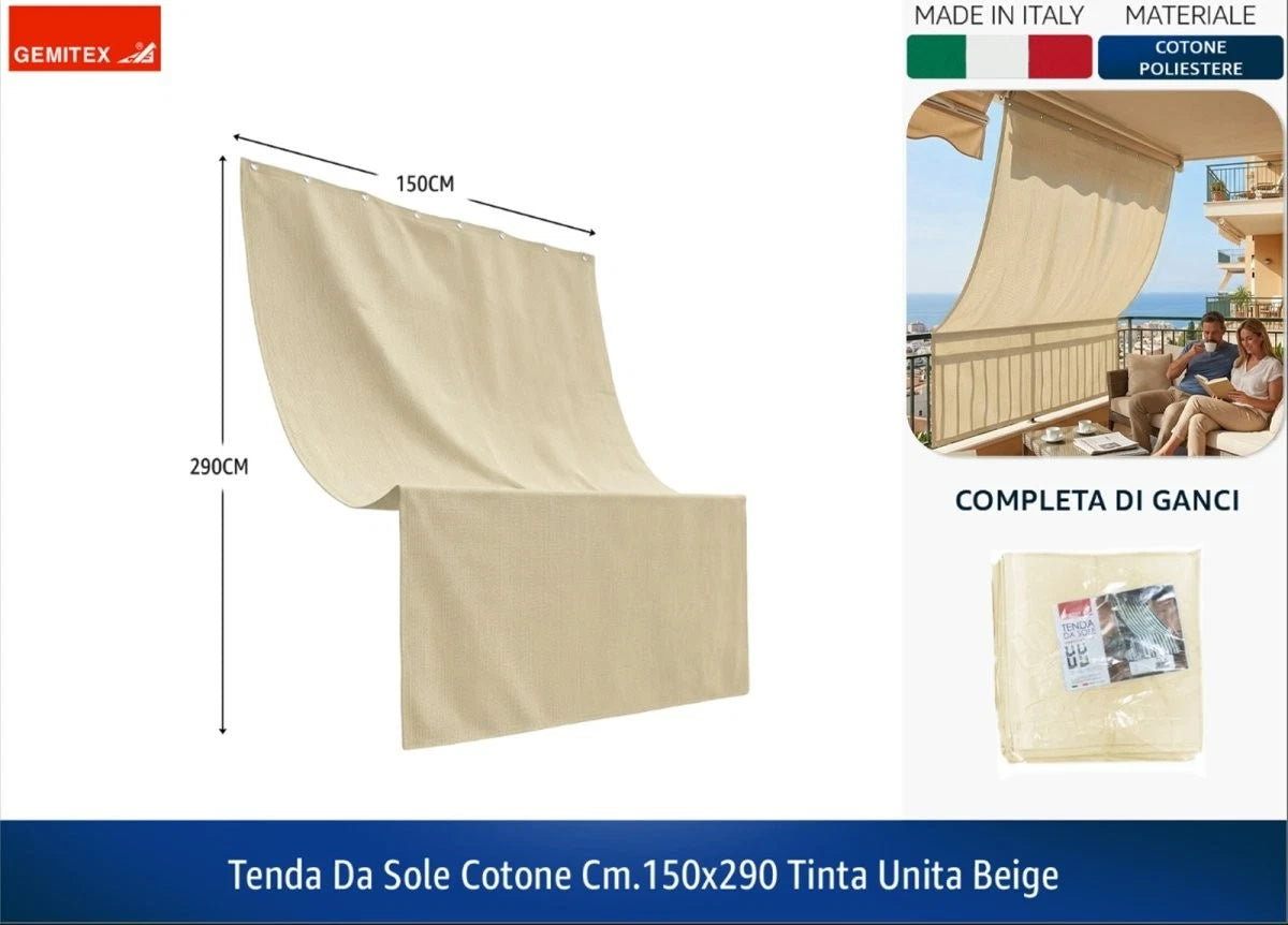 Tenda da Sole in Cotone Misto – Beige, Made in Italy con Ganci, 2 Misure Disponibili! 150 x 290 cm Gemitex
