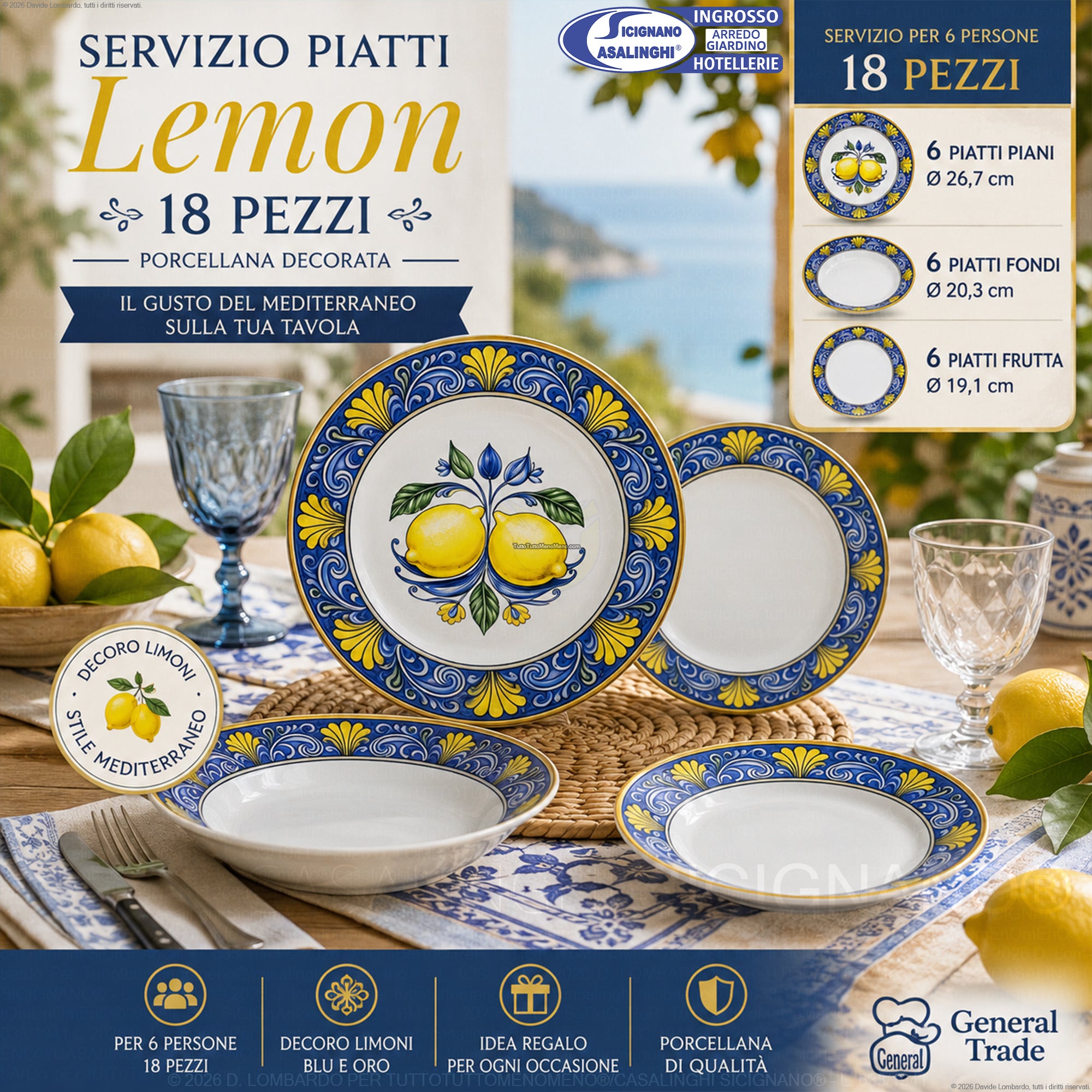 Servizio Piatti 18 Pezzi Porcellana Lemon – Set 6 Persone con Decoro Limoni Blu e Oro Stile Mediterraneo General Trade