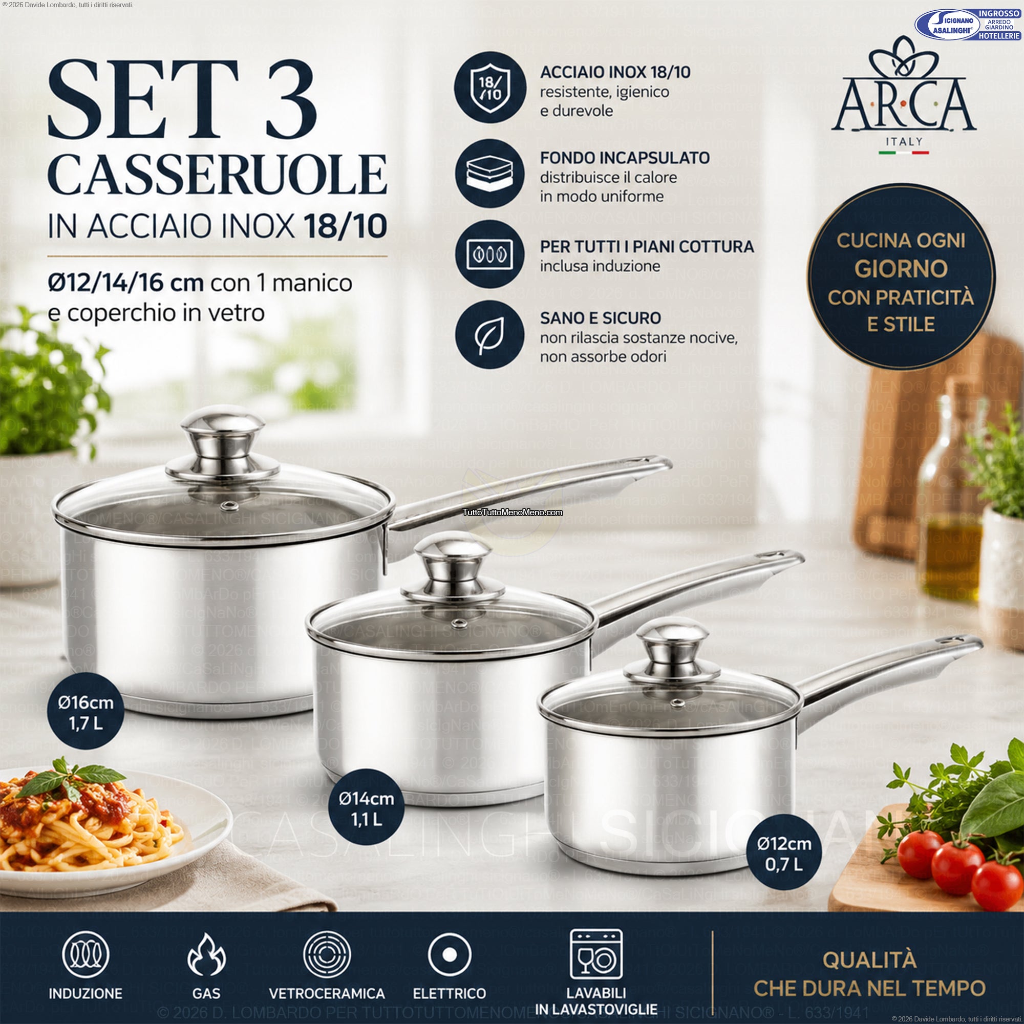 Set 3 Casseruole in Acciaio Inox 18/10 con 1 Manico e Coperchio in Vetro – Ø12/14/16 cm, Fondo Incapsulato per Induzione Arca