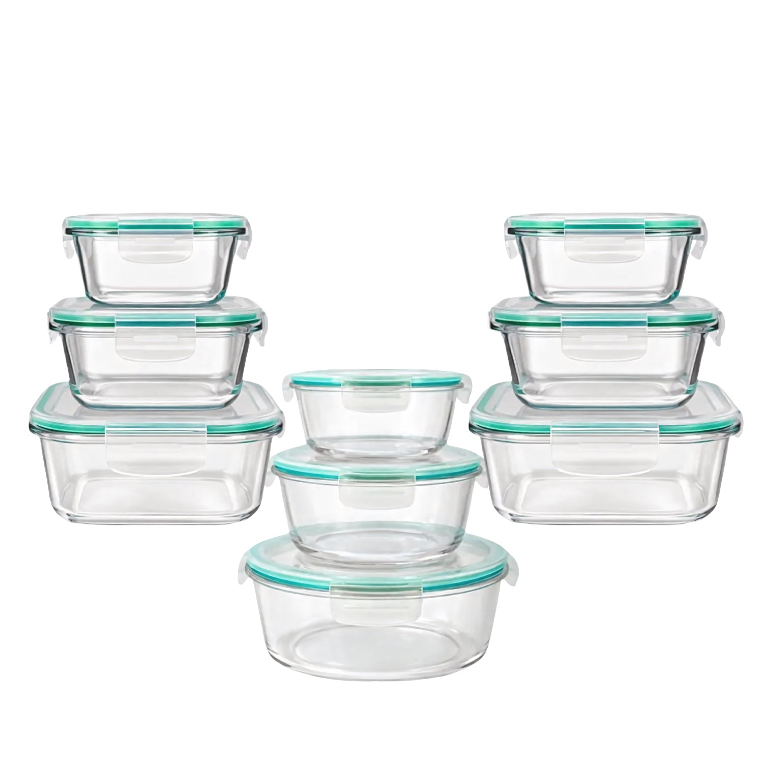 Set completo di contenitori per alimenti in vetro trasparente con guarnizioni e dettagli di colore turchese.