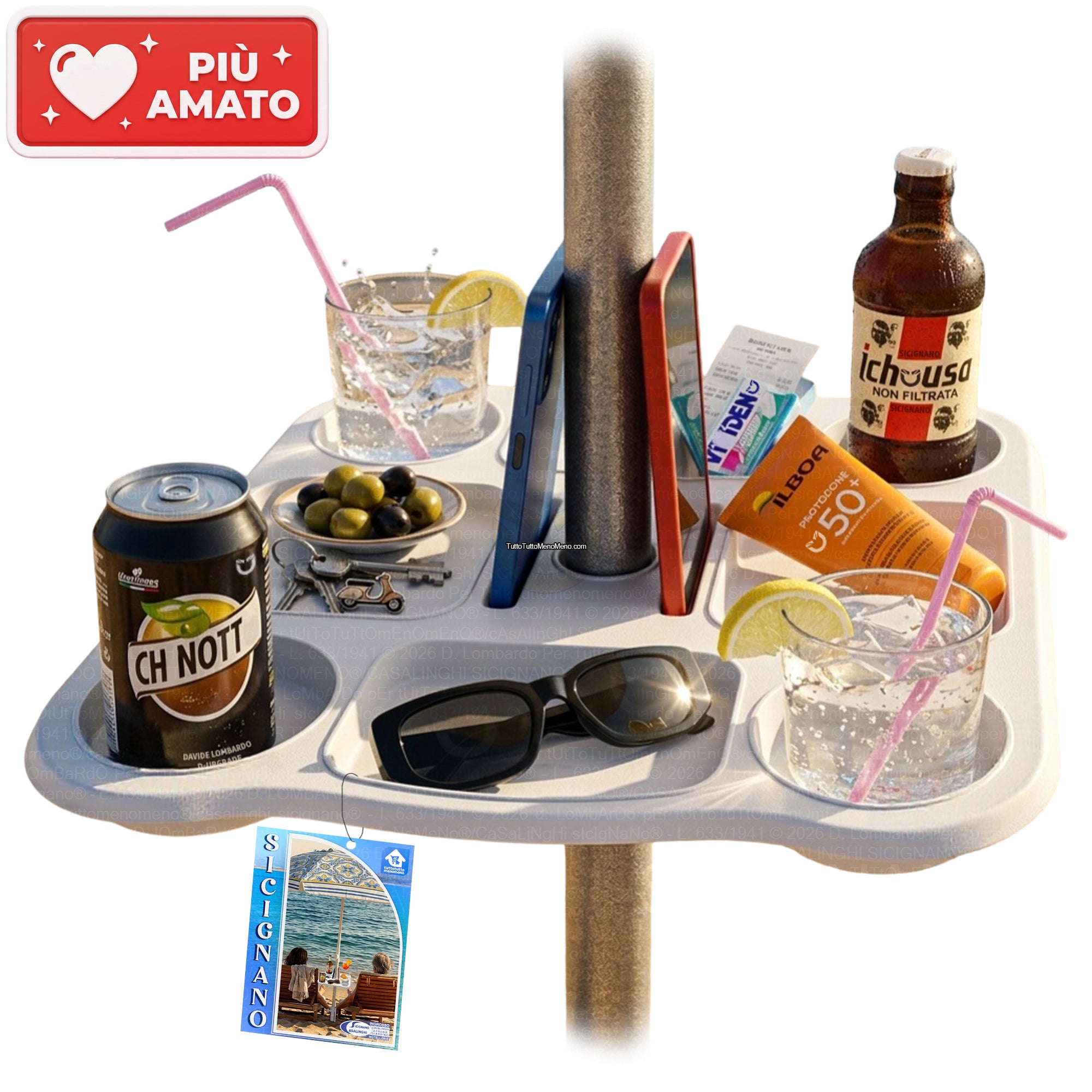 Due Esse Tavolino Vassoio per Ombrellone 37x37 cm – 8 Scomparti con Portabibite e Porta Smartphone, Foro Ø22-40 mm, Plastica Bianca per Spiaggia e Giardino Due Esse